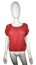 Load image into Gallery viewer, The Vintage Renee Tener for Jeanne Pierre Hand Knit Shirt comes in a playful shade of red, perfect for any day out! Its flat chest measures 38&quot; and it has a fun length of 17&quot;.