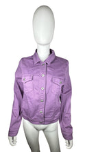 Load image into Gallery viewer, A large One World denim jacket in a lovely shade of purple, complete with 2 chest pockets. Flat measurements: Chest - 41 inches, Sleeve - 24 1/2 inches, Length - 22 1/2 inches.