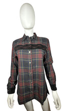 Load image into Gallery viewer, A small Vintage Western Wrangler button up with all over plaid print and velvet embellishment. Measured FlatChest - 32&quot;Sleeve - 23&quot;Length - 24&quot;
