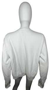 A playful Hanes Comfort Blend crewneck sweatshirt in vintage white with pops of red buttons and thread detailing. Flat measurements include: Chest - 37", Sleeve - 22", Length - 20"