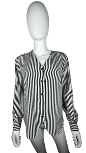 A black and white pin stripe vintage Notations blouse that is missing one button.   Measured Flat  Chest - 32" Sleeve - 22" Length - ﻿24"