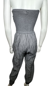 A medium grey jumpsuit without sleeves, featuring an elastic waist and ankles. Made by RND Los Angeles. Dimensions: 28" chest, 20" waist, 40" hips, 25" inseam, and length of 47".