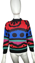 Load image into Gallery viewer, Experience vibrant warmth and charm with the one-of-a-kind Vintage La Vista Knitted Sweater, available in sizes small to medium. Measured flat, the chest is 36 inches, the sleeves are 16 inches, and the length is 24 inches. Fall in love with the playfu...
