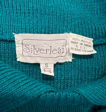 Load image into Gallery viewer, A vintage teal Silver Leaf 2 piece knitted sweater set with a small 8/10 sleeveless polo top and a medium 12/14 skirt. Measured Flat TopChest - 36&quot;Length - 22 1/2&quot; BottomWaist - 12-14&quot;Hips - 38&quot;Length - 26&quot;