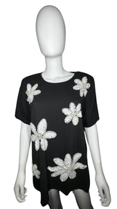 Get ready to bloom with this funky, fab medium black tee from the Studio Collection! With sequins, pearls, and beaded flowers, this vintage-inspired shirt is the perfect mix of whimsy and style.