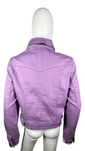 Load image into Gallery viewer, A large One World denim jacket in a lovely shade of purple, complete with 2 chest pockets. Flat measurements: Chest - 41 inches, Sleeve - 24 1/2 inches, Length - 22 1/2 inches.