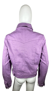 A large One World denim jacket in a lovely shade of purple, complete with 2 chest pockets. Flat measurements: Chest - 41 inches, Sleeve - 24 1/2 inches, Length - 22 1/2 inches.