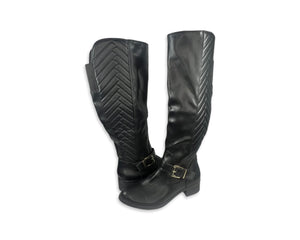 A pair of size 9 1/2 black knee-high faux leather boots by Merona.
