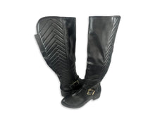 Load image into Gallery viewer, A pair of size 9 1/2 black knee-high faux leather boots by Merona.