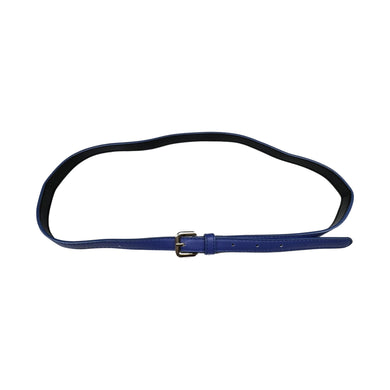 A thin royal blue belt with a gold pin buckle measuring at 40 inches long.