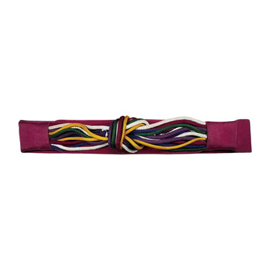 This 80's style belt features a pink elastic band accompanied by a multicolor stringed knot and velcro attachment, with a 31 1/2 inch measurement.