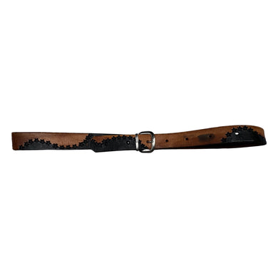 A cowhide belt that's both vintage and handmade, featuring a silver pin buckle and a playful pattern of repeating stars. Measures in at 34 inches.