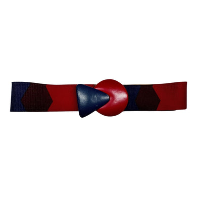 Get ready to step back in time with this playful 80's-90's elastic stretch waist belt, featuring eye-catching red and navy geometric shapes. Measuring 25 inches in length and 13 inches while clasped, it's the perfect accessory for adding a touch of quirky charm to any outfit.