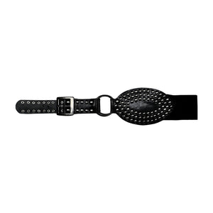 A black vintage silver studded punk style waist belt with silver pin buckle and elastic band at lower back measuring at 36 inches.
