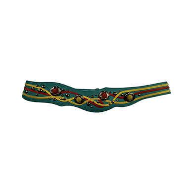 Get ready to add some funk to your outfit with this vintage teal belt featuring gold embellishments and a velcro adjustable strap. 