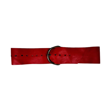A vintage wide red orange waist belt with heavy bronze pin buckle measuring at 3 1/4 inches wide and 45 inches long.