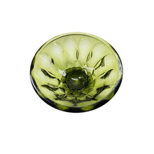 Load image into Gallery viewer, Welcome to the era of mid-century charm with this gorgeous green glass pedestal bowl, standing at 4 inches tall and boasting a 6-inch diameter.