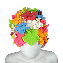 Load image into Gallery viewer, This Vintage 50’s swim cap is a colorful, uniquely rare floral gem that fits all sizes and stretches like a dream and made from rubber.