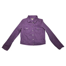 Load image into Gallery viewer, A large One World denim jacket in a lovely shade of purple, complete with 2 chest pockets. Flat measurements: Chest - 41 inches, Sleeve - 24 1/2 inches, Length - 22 1/2 inches.