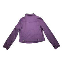 Load image into Gallery viewer, A large One World denim jacket in a lovely shade of purple, complete with 2 chest pockets. Flat measurements: Chest - 41 inches, Sleeve - 24 1/2 inches, Length - 22 1/2 inches.