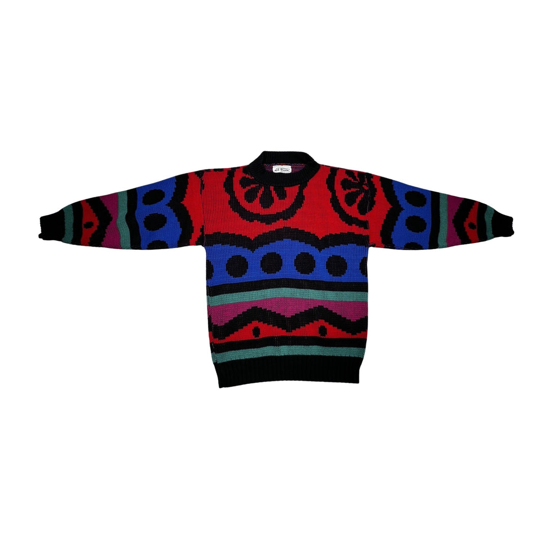 Experience vibrant warmth and charm with the one-of-a-kind Vintage La Vista Knitted Sweater, available in sizes small to medium. Measured flat, the chest is 36 inches, the sleeves are 16 inches, and the length is 24 inches. Fall in love with the playfu...