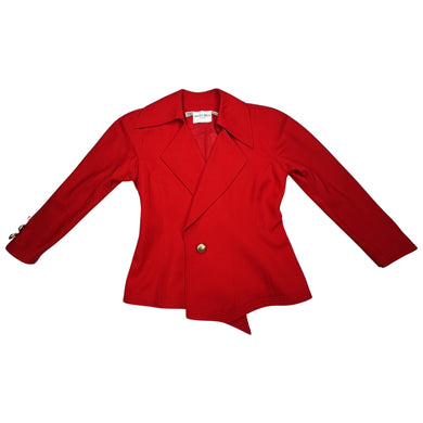 Experience the unique charm of the Vintage Alvin Bell Red Blazer, complete with stunning gold metal button accents on the sleeves and front. Enhance your style with this one-of-a-kind piece that measures 33