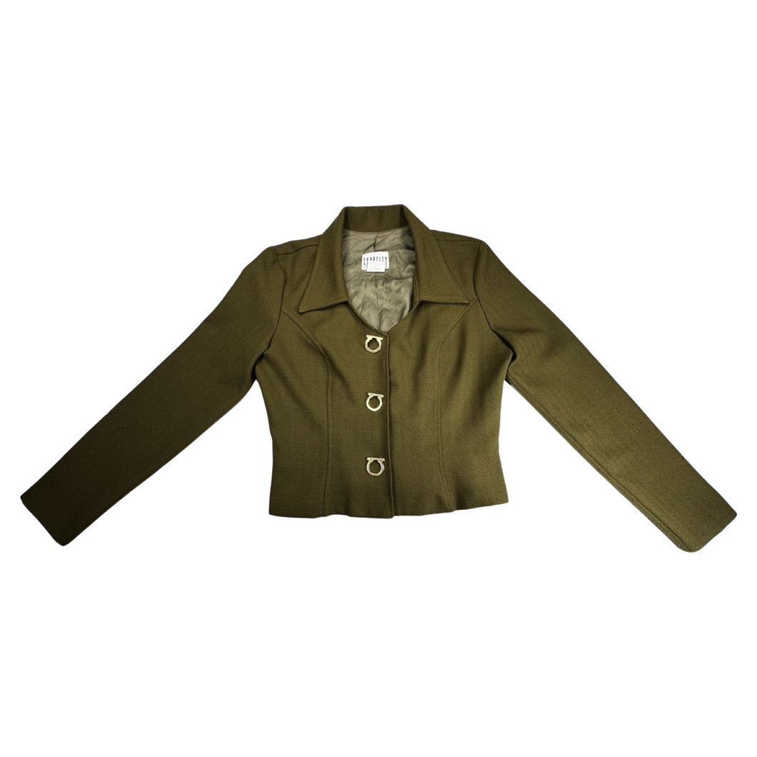 The Vintage Capacity Unlimited Blazer boasts a stunning olive green color and features gold buckle button embellishments. Perfect for any occasion, this blazer will add a touch of sophistication to your wardrobe. With flat chest measurements of 34