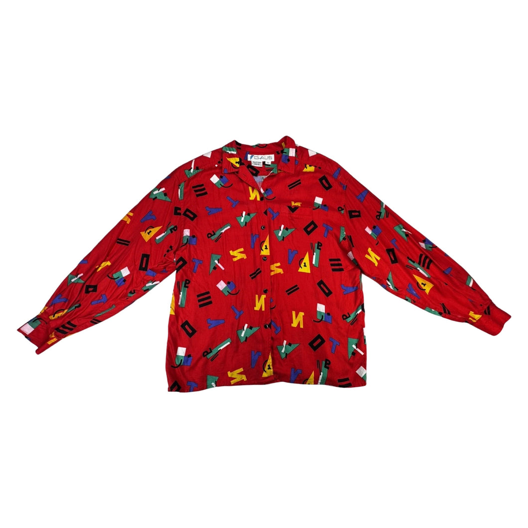 Get ready to unleash your playful side with this quirky Vintage Chaus Button Up! Made from %100 Spun Rayon, this button up features a unique geometric all over print in a bold red color. Perfectly sized at large, the chest measures 34