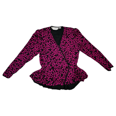 Vintage Oleg Cassini 100% silk bright pink and black peplum top that buttons in the front and has an accordion style back. This is fun well made vibrant top. Measured Flat Chest - 36