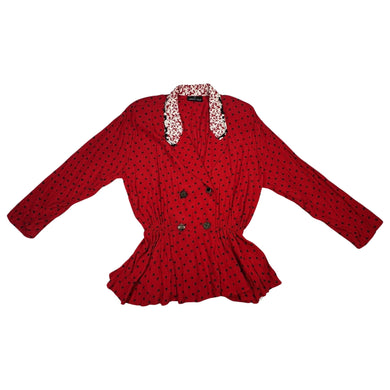 This large vintage Carole Little blazer rocks a bold red color, featuring a peplum bottom, a flowery collar, and charming decorative buttons. When flattened, it measures 42