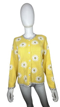 Load image into Gallery viewer, Vintage Susan Bristol Sunflower Cardigan is a yellow long sleeve button up knitted cardigan with all over embroidered sunflowers. Measured Flat Chest - 34&quot; Sleeve - 22&quot; Length - 22&quot;