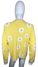 Load image into Gallery viewer, Vintage Susan Bristol Sunflower Cardigan is a yellow long sleeve button up knitted cardigan with all over embroidered sunflowers. Measured Flat Chest - 34&quot; Sleeve - 22&quot; Length - 22&quot;