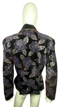 Load image into Gallery viewer, Vintage Velvet Dark Purple Blazer has some wear from the material rubbing under the arms not visible when blazer is on. Measured Flat Chest - 30&quot; Sleeve - 23&quot; Length - 26&quot;