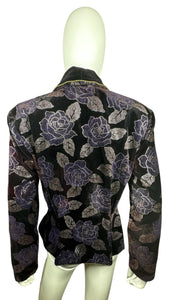 Vintage Velvet Dark Purple Blazer has some wear from the material rubbing under the arms not visible when blazer is on. Measured Flat Chest - 30" Sleeve - 23" Length - 26"