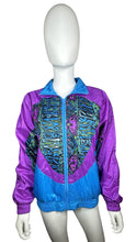 Load image into Gallery viewer, Experience the thrill of finding a rare gem with this Vintage Members Only Windbreaker Jacket. The 90&#39;s style jacket features vibrant purple and blue tones, with a convenient zip-up design. With a chest measurement of 40&quot;, sleeve length of 24&quot;, and ove...