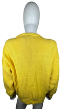 Load image into Gallery viewer, Indulge in the timeless charm of this bright yellow cardigan sweater, with its stylish knitted design, classic button-up closure, and flattering measurements of 42&quot; chest, 19&quot; sleeves, and 24 1/2&quot; length. You&#39;ll love the way it looks and feels, allowin...