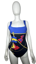 Load image into Gallery viewer, Get ready to make a splash with this Vintage Adrienne Vittadini nautical blue one piece high cut swimsuit! Its square top adds a touch of uniqueness, while the measurements of a 22&quot; waist, 26&quot; hips, and a length of 26 1/2&quot; ensure a perfect fit for any...