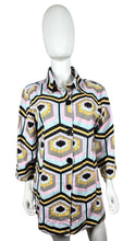 Load image into Gallery viewer, Get ready to funk it up with this groovy blazer featuring a playful mix of colors and geometric shapes. With a flat chest measurement of 41&quot;, sleeve length of 18&quot;, and overall length of 31&quot;, this blazer is as funky as it is fabulous.