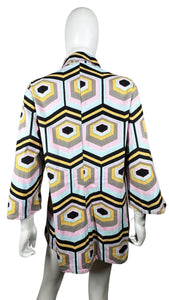Get ready to funk it up with this groovy blazer featuring a playful mix of colors and geometric shapes. With a flat chest measurement of 41", sleeve length of 18", and overall length of 31", this blazer is as funky as it is fabulous.