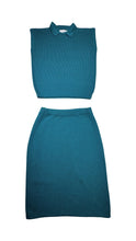 Load image into Gallery viewer, A vintage teal Silver Leaf 2 piece knitted sweater set with a small 8/10 sleeveless polo top and a medium 12/14 skirt.   Measured Flat  Top Chest - 36&quot; Length - 22 1/2&quot;  Bottom Waist - 12-14&quot; Hips - 38&quot; Length - ﻿26&quot;