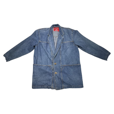 An extra large Vintage Rustic Denim Blazer with 2 buttons and front pockets.   Measured Flat  Chest -36