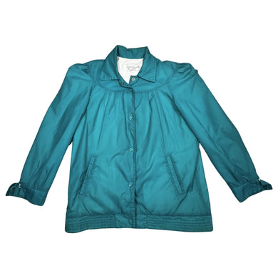 A medium, teal, vintage 80's-90's Current Seer windbreaker button up jacket with exaggerated shoulders.   Measured Flat  Chest - 41