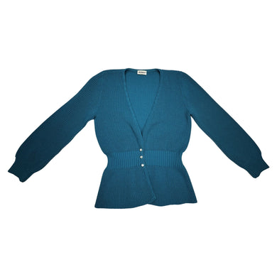 A vintage medium teal 3-button knitted cardigan by Knitmakers.  Measured Flat  Chest - 40