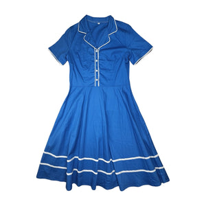 This is a modern 50's inspired silhouette blue dress.     Measured Flat   Chest - 34  Sleeve - 8"  Waist -30"   Length - 41"