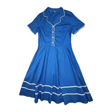 Load image into Gallery viewer, Embrace your retro side with this playful 50&#39;s-inspired blue dress, featuring a silhouette that flatters every figure. Measuring at a flat chest of 34 inches, 8-inch sleeves, a 30-inch waist, and a 41-inch length, this dress is perfect for adding some...