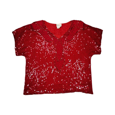 A large red vintage 80's-90's Silvercord sequin beaded blouse.   Measured Flat  Chest - 46