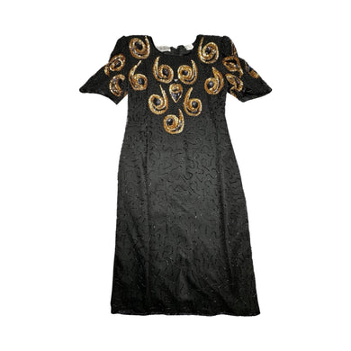 A Vintage Sho-Girl Design 100% pure silk black and gold sequin and beaded dress that zips in the back.   Measured Flat  Chest -  28