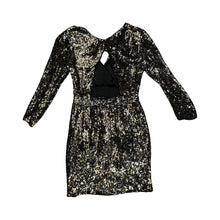 Load image into Gallery viewer, This Designer Parker Sequin Cocktail Dress boasts a stunning combination of silver, gold, and black sequins. Crafted with high quality materials, it offers a comfortable fit with a touch of stretch. With measurements of Chest - 32 Sleeve - 19&quot; Waist -...