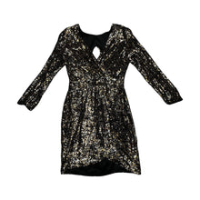 Load image into Gallery viewer, Designer Parker Silver Gold and Black Sequin cocktail dress. Gorgeous well made cocktail dress that has some stretch to it.     Measured Flat   Chest - 32  Sleeve - 19&quot;  Waist - 25&quot;  Hips - 33&quot;  Length - 31&quot;