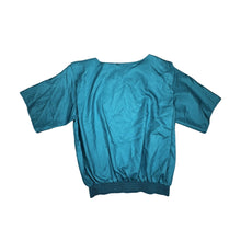 Load image into Gallery viewer, Vintage Novelle 80&#39;s Teal Blouse with a stretch waist band and shoulder pads.      Measured Flat     Chest - 42&quot;  Length - 24&quot;